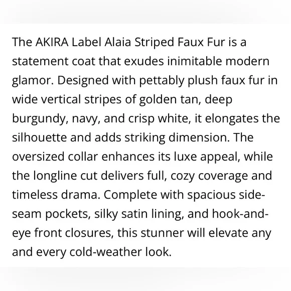 NWT AKIRA Striped Faux Fur Coat 1X/2X - Picture 9 of 11